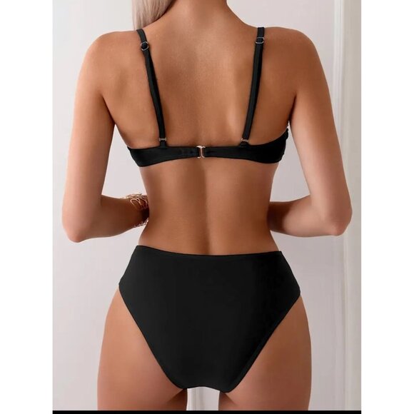Black High-Waisted Bikini Set size M Gold Accents & Adjustable Straps‎ NEW - Picture 2 of 5